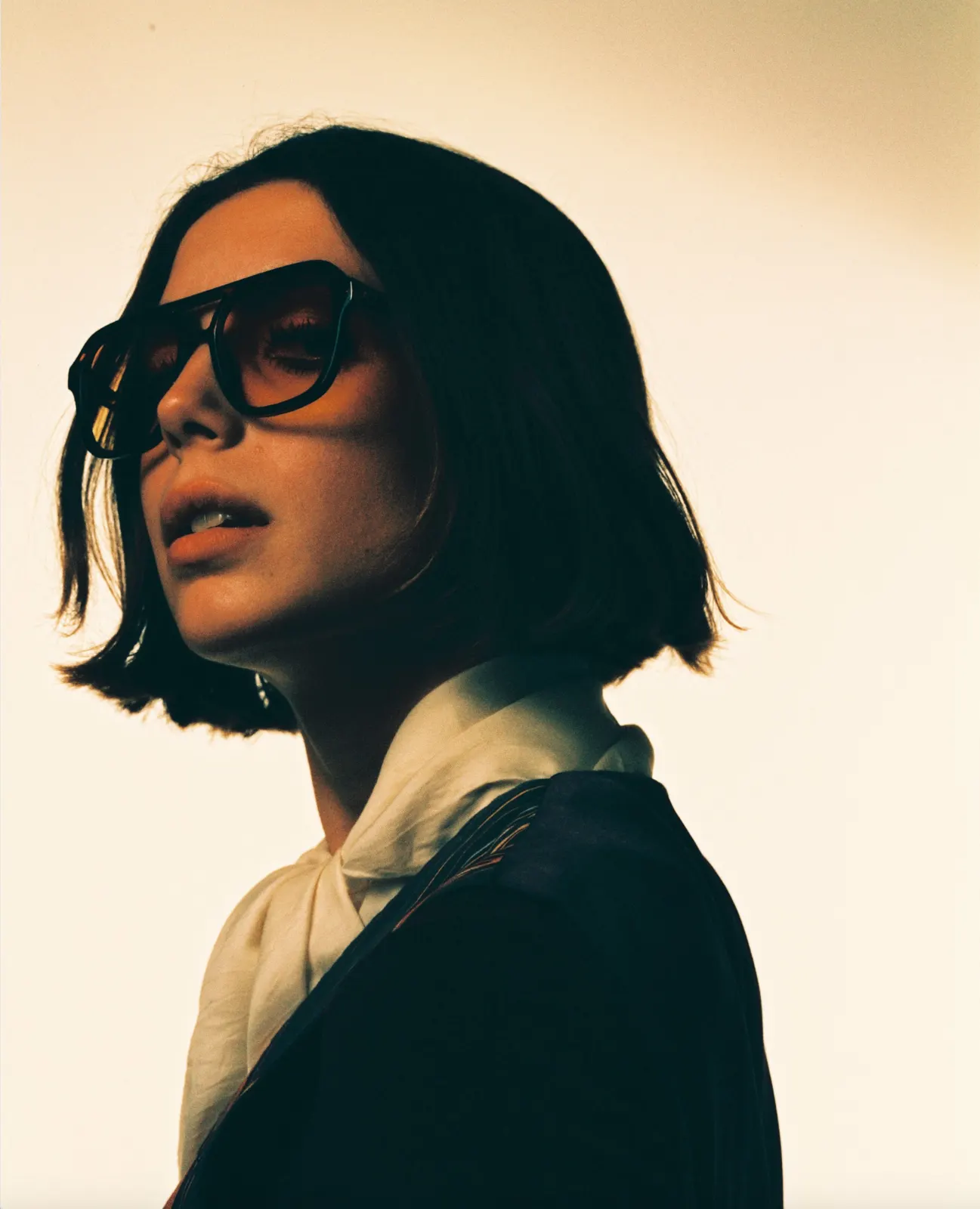 Portrait in oversized sunglasses against warm light